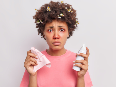 Disappointed young Afro American woman uses nasal aerosol suffers from allergic rhinitis has red swollen eyes looks unhappily at camera dressed in casual t shirt isolated over white background